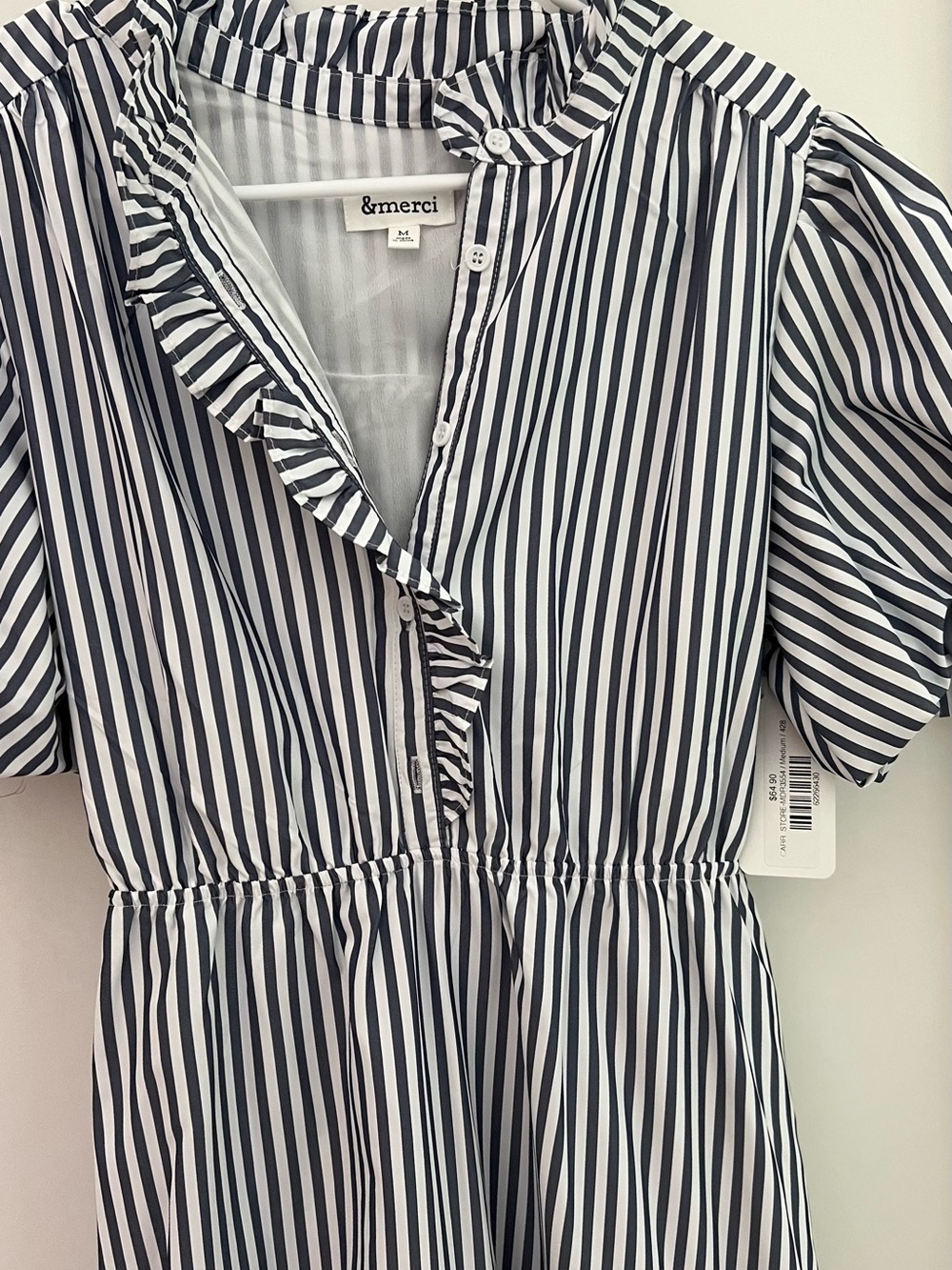 NWT Striped Puff-Sleeve Tiered Maxi Dress - Navy & White - Picture 2 of 5